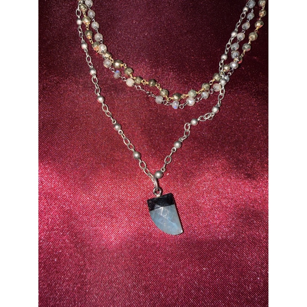 Boho Multi-Strand Beaded‎ Necklace Mixed Metal Labradorite Pendant Layered Chain